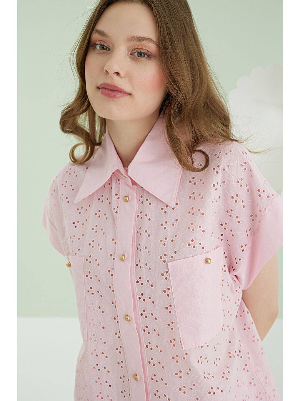 Pembe Hole Önden Düğmeli Pijama Takımı-2