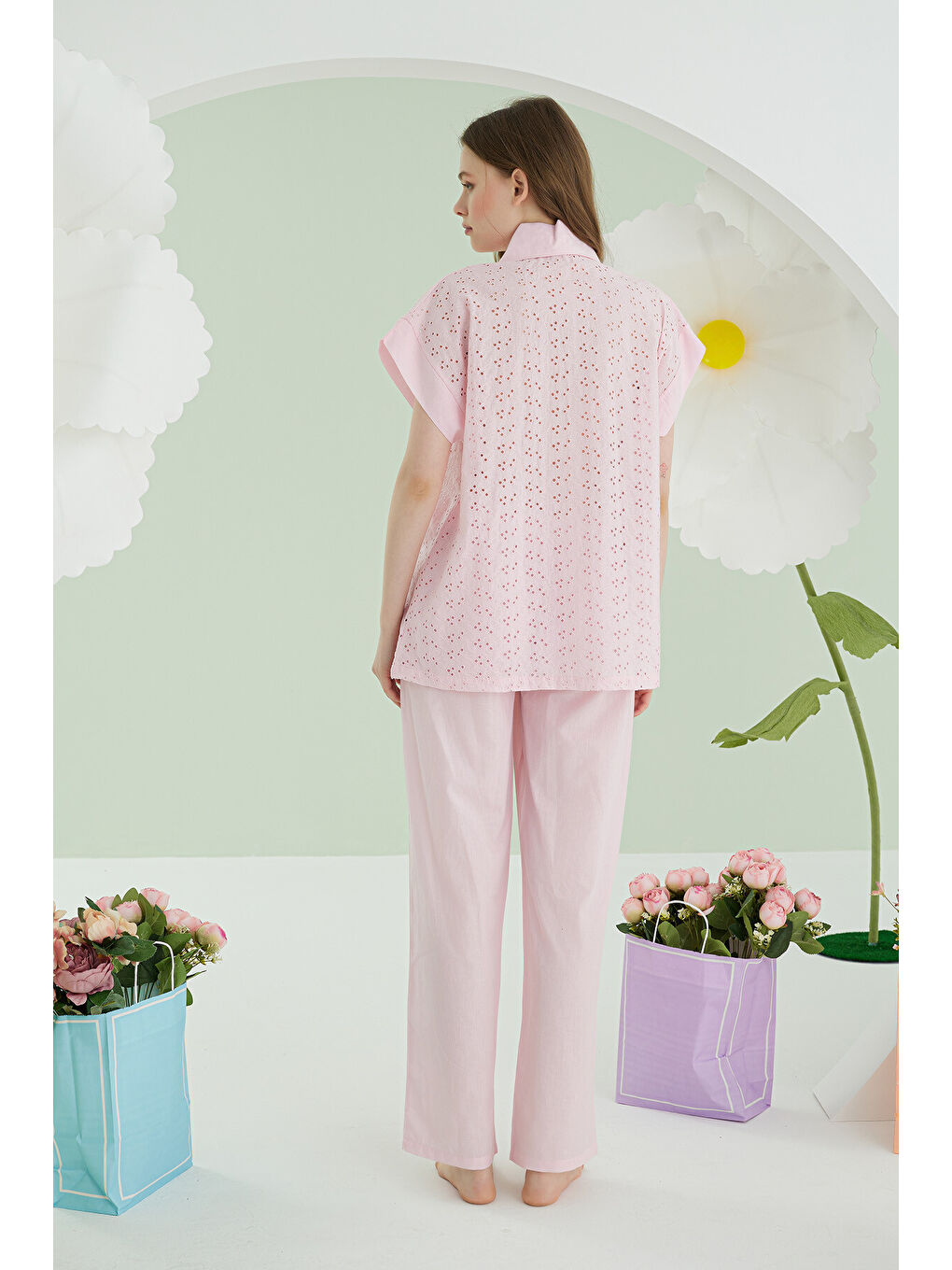 Pembe Hole Önden Düğmeli Pijama Takımı-3