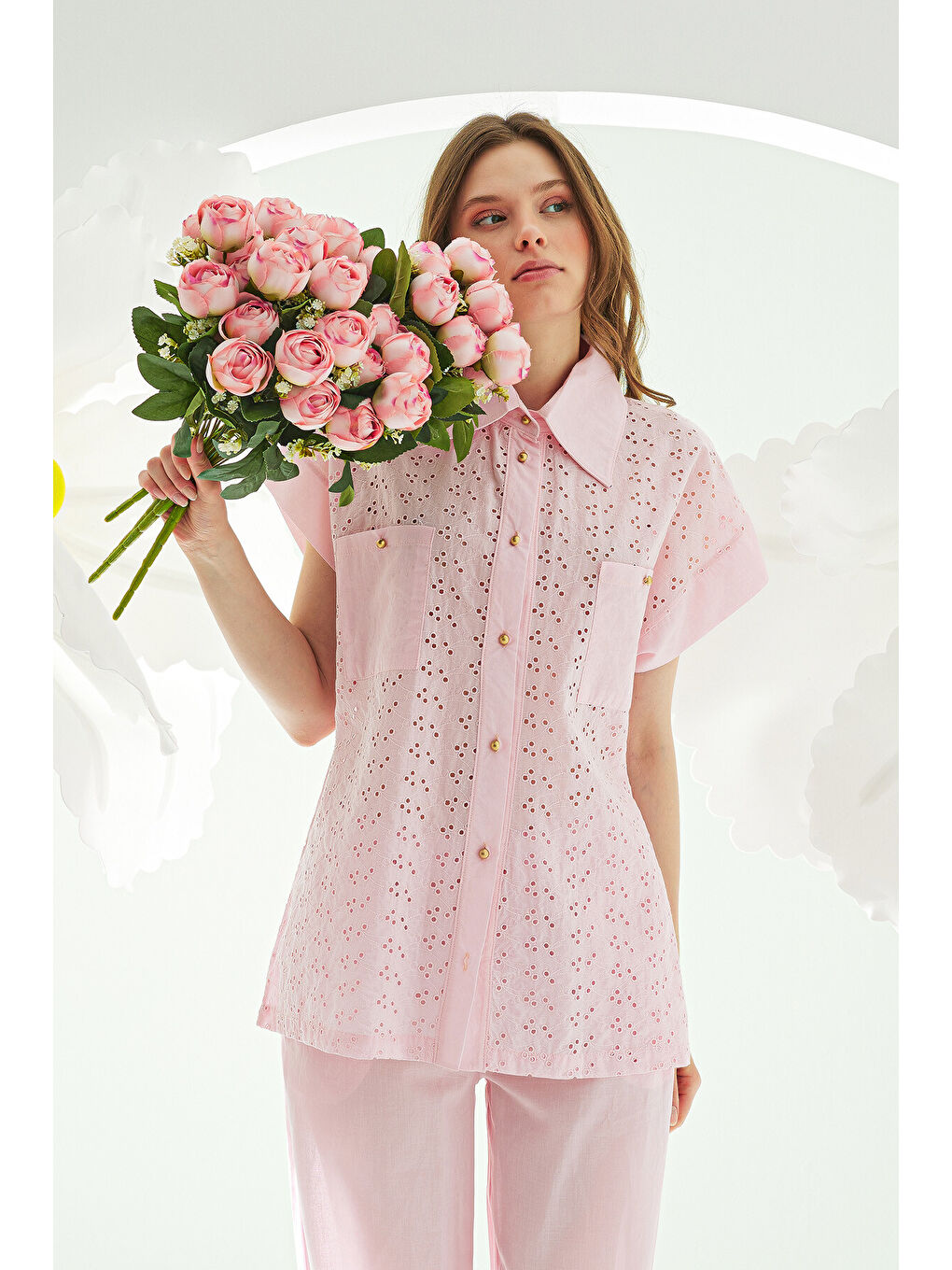 Pembe Hole Önden Düğmeli Pijama Takımı-4