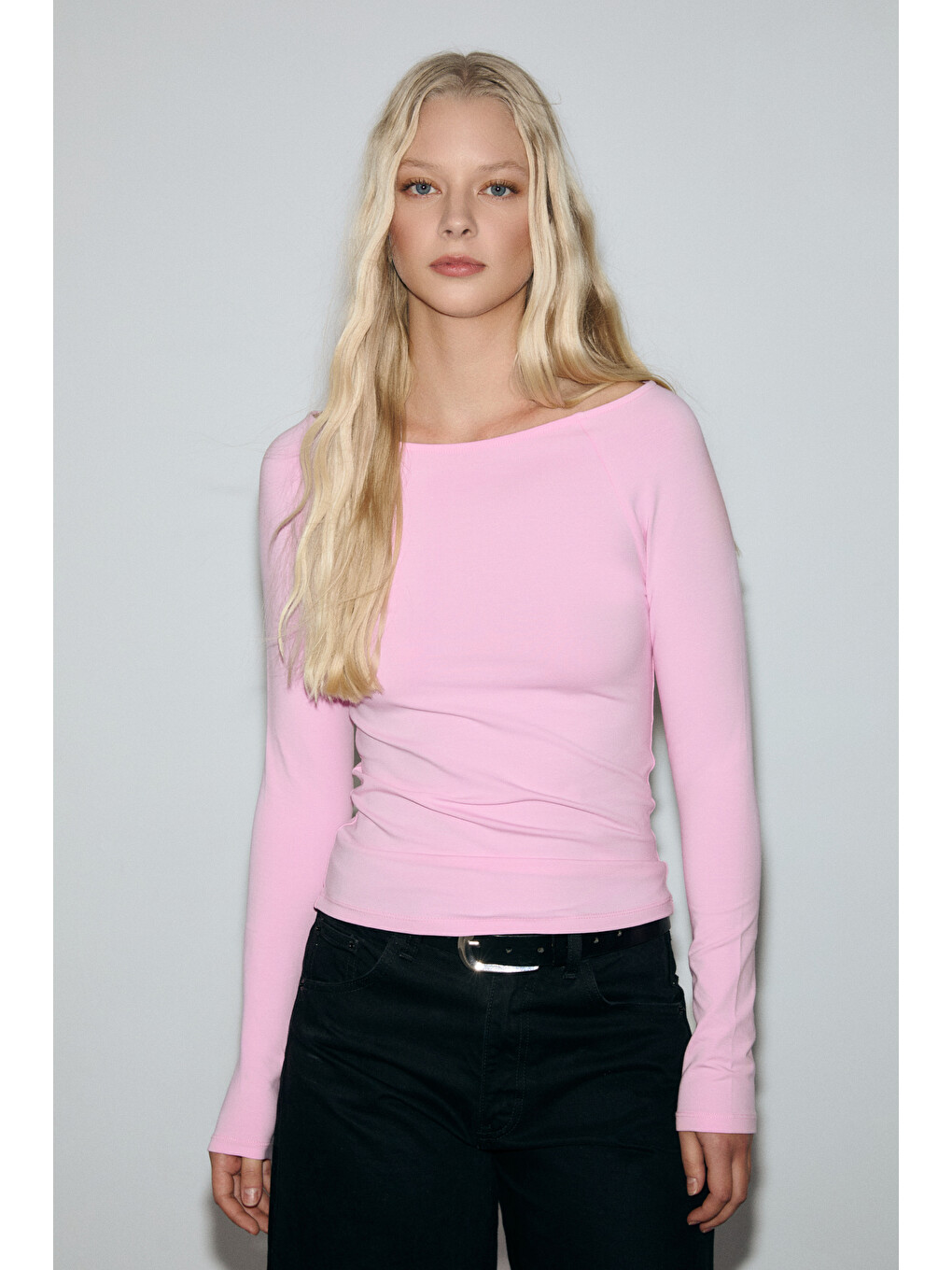 Karakola Kadın Organik Pamuklu Kayık Yaka Reglan Kol Slim Fit Pembe Bluz-1