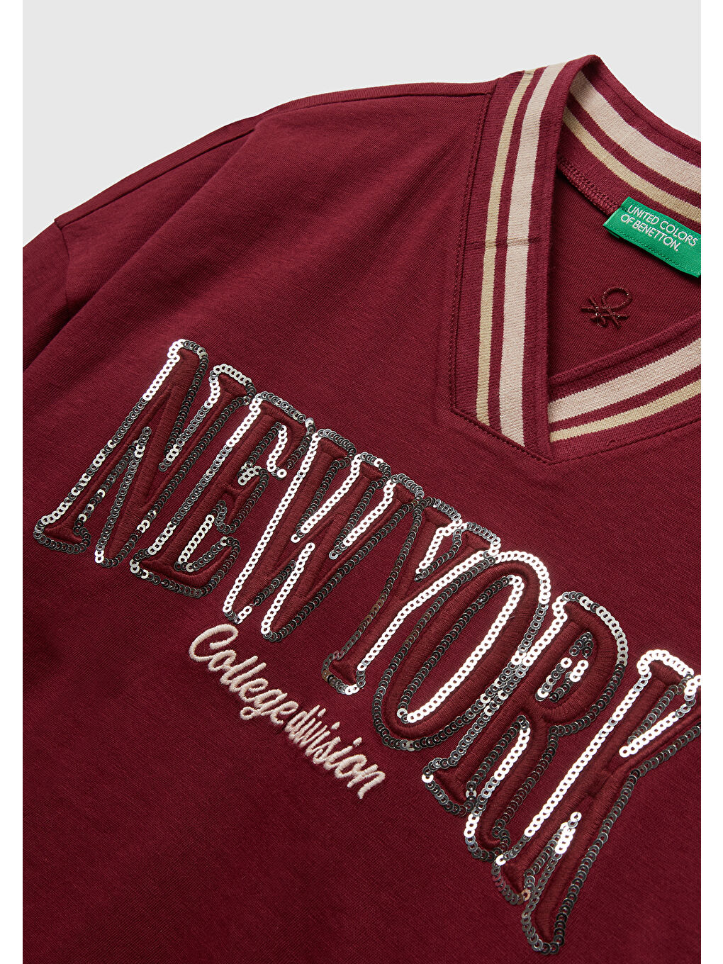 Kız Çocuk Bordo Payet İşlemeli Şeritli V Yaka Boxy Fit Uzun Kollu T-shirt-2