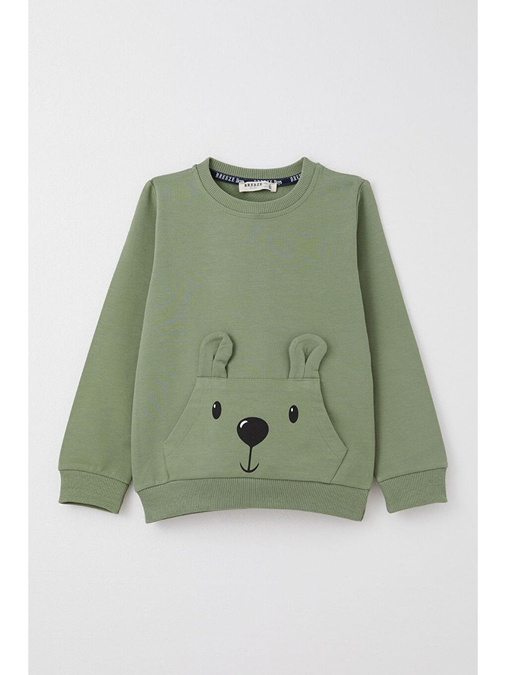 Erkek Bebek Eşofman Takım Sevimli Ayıcık Desenli Kanguru Cepli Haki Yeşil (9 Ay-1 Yaş)-1