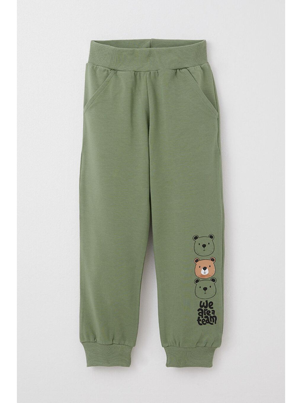 Erkek Bebek Eşofman Takım Sevimli Ayıcık Desenli Kanguru Cepli Haki Yeşil (9 Ay-1 Yaş)-2