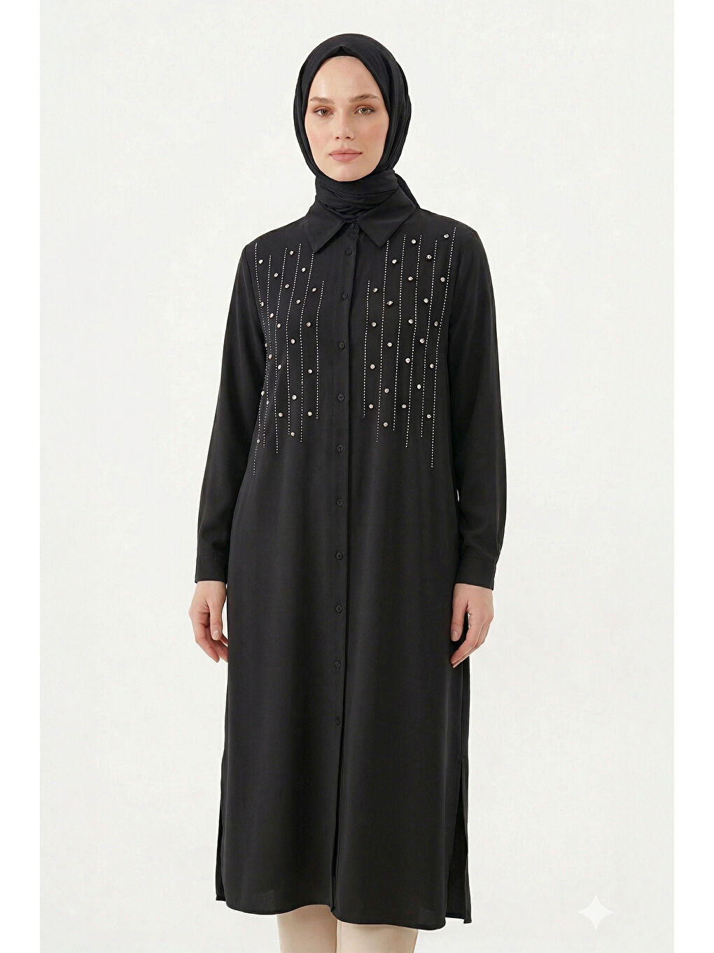 Levidor Önü Çizgili Taşlı Tunik Gömlek 210144 Siyah-2