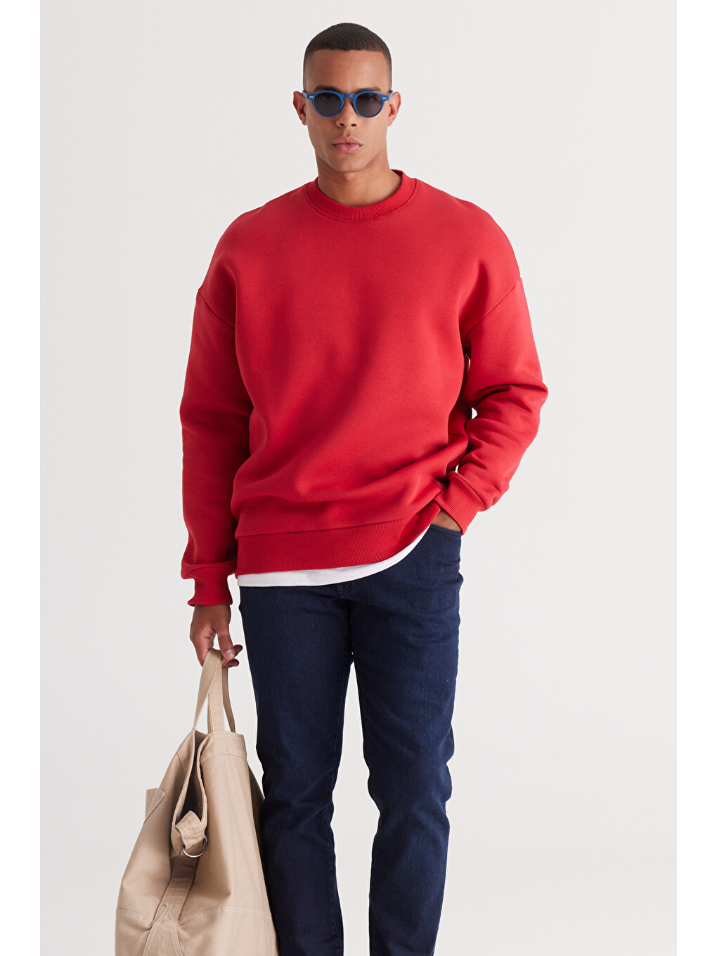 Erkek Kırmızı Oversize Fit Bol Kesim Pamuklu İçi Polarlı Bisiklet Yaka Sweatshirt