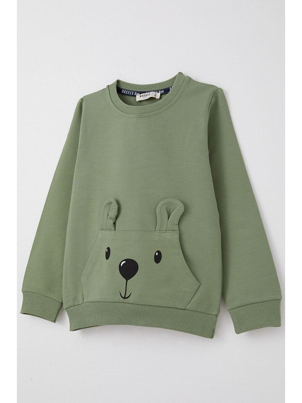 Erkek Bebek Eşofman Takım Sevimli Ayıcık Desenli Kanguru Cepli Haki Yeşil (9 Ay-1 Yaş)-5