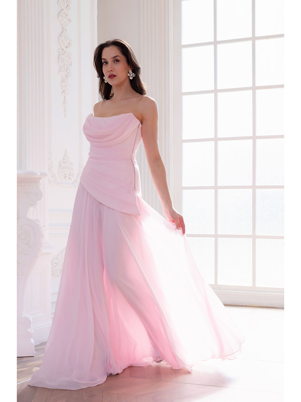 Pembe Kadın Pudra Dar Kalıp Korseli Şifon Fular Detaylı Uzun Abiye Elbise
