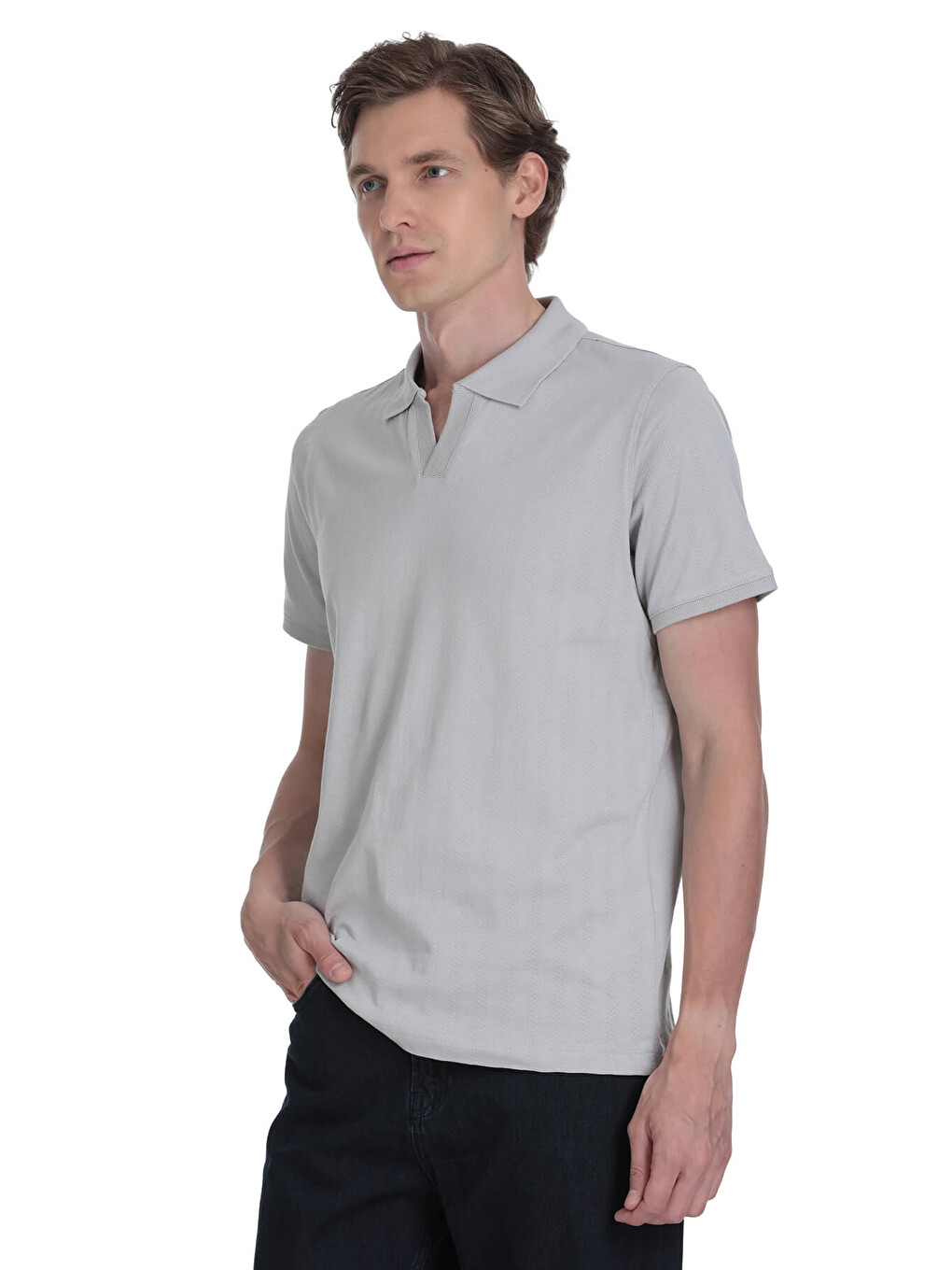 Gri Regular Fit Apaş Yaka Pamuklu Tişört-2