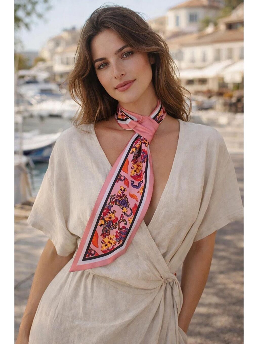 Kadın Pembe Figürlü Desenli Boyun Fuları FLR1015 PEMBE-1