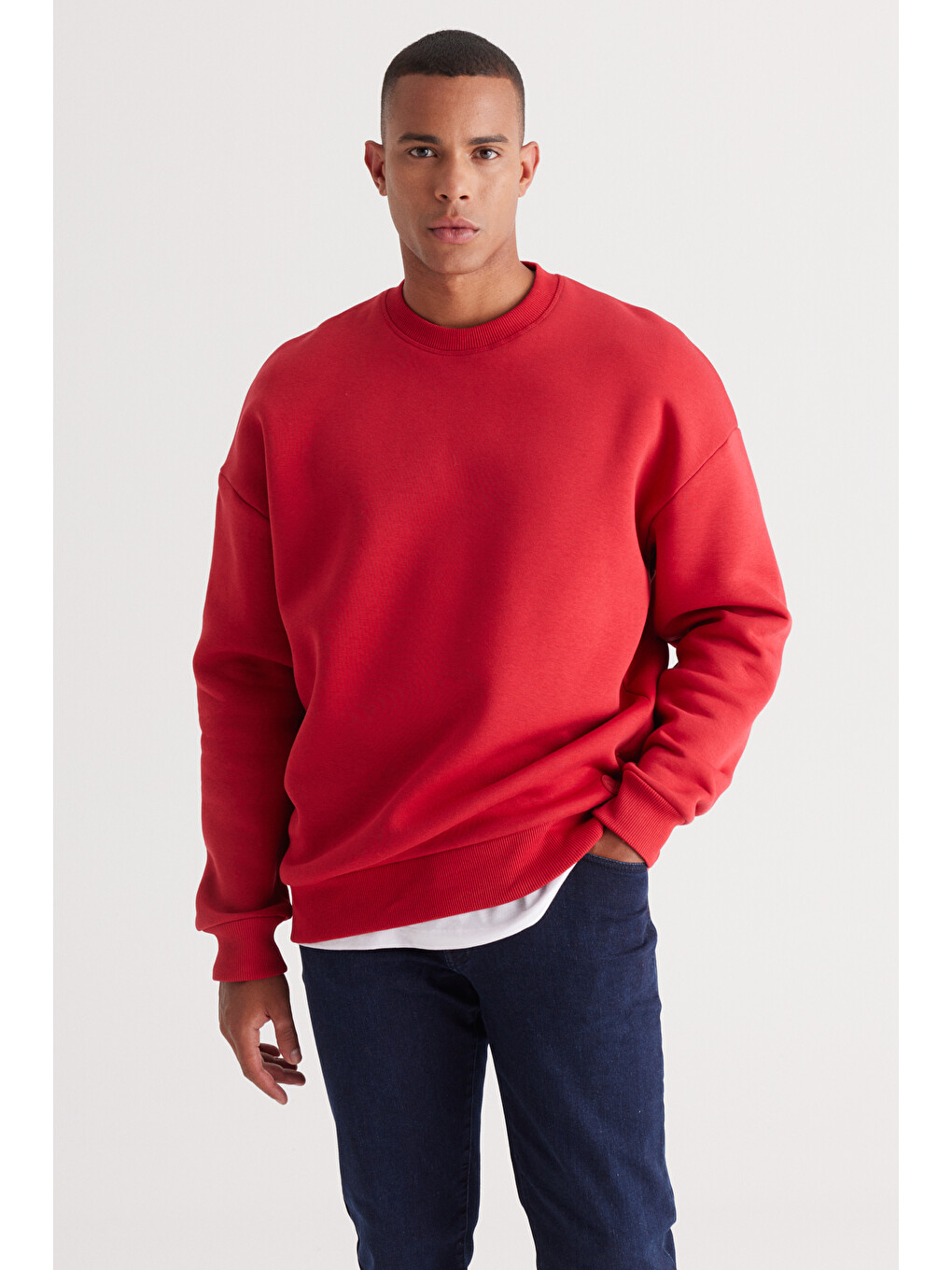 Erkek Kırmızı Oversize Fit Bol Kesim Pamuklu İçi Polarlı Bisiklet Yaka Sweatshirt-1
