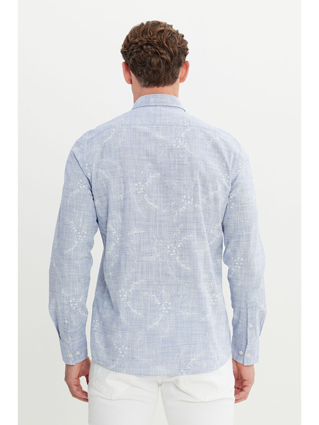 Erkek Lacivert Slim Fit Dar Kesim Gizli Düğme Yaka %100 Pamuk Baskılı Gömlek-4