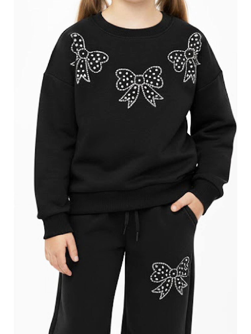 Siyah Kız Çocuk Taş Fiyonk Baskılı-2 İplik-Alt-Üst Takım-5-12 Yaş 12436-1