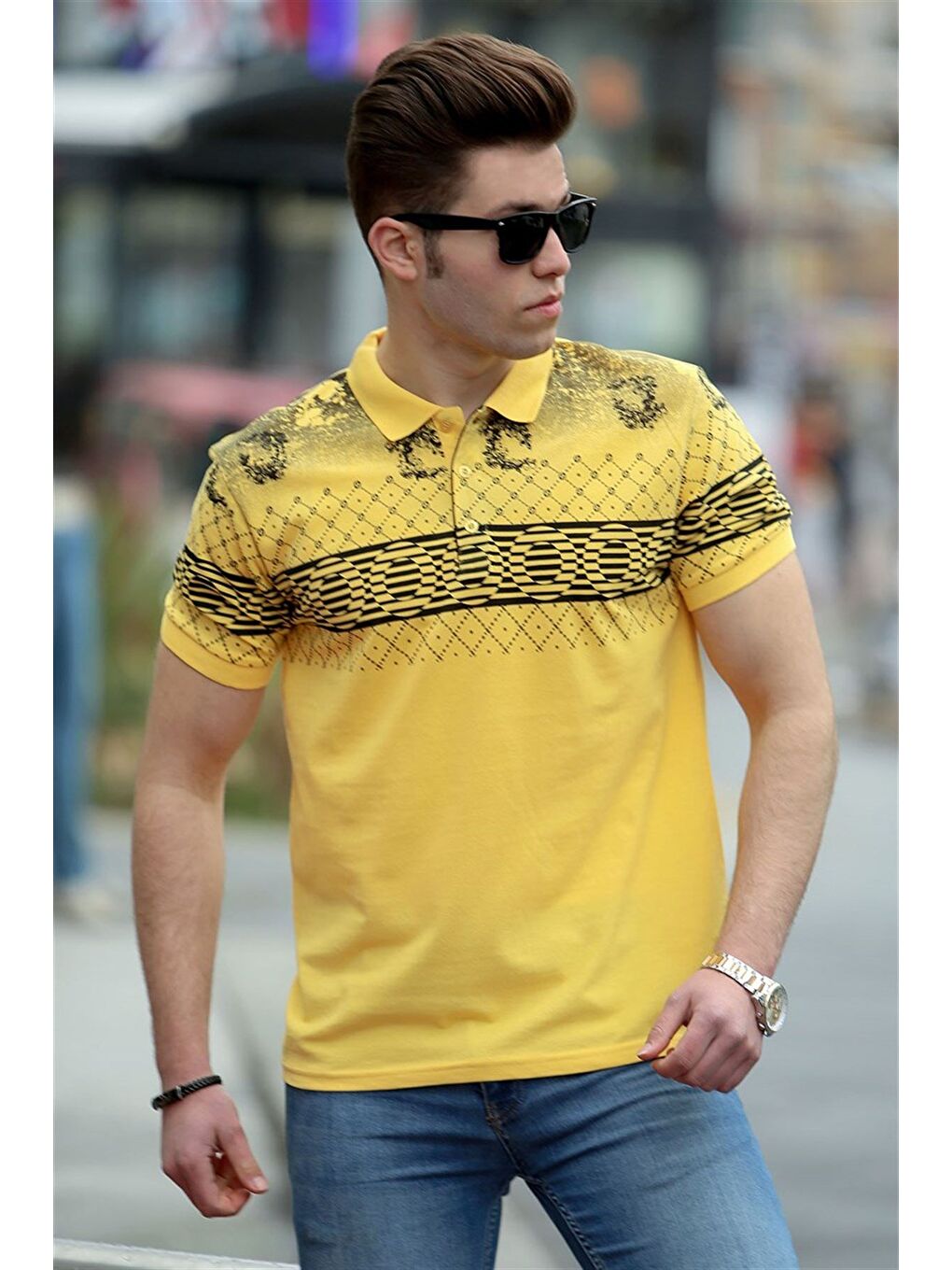 Sarı Baskılı Polo %100 Pamuk Tişört 3057