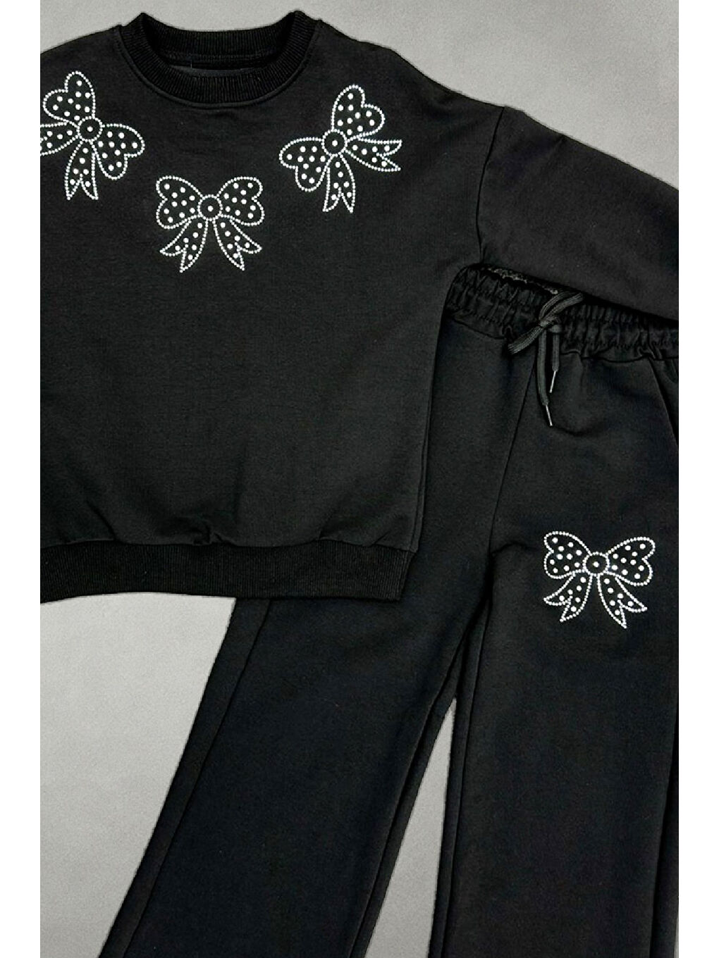 Siyah Kız Çocuk Taş Fiyonk Baskılı-2 İplik-Alt-Üst Takım-5-12 Yaş 12436-2