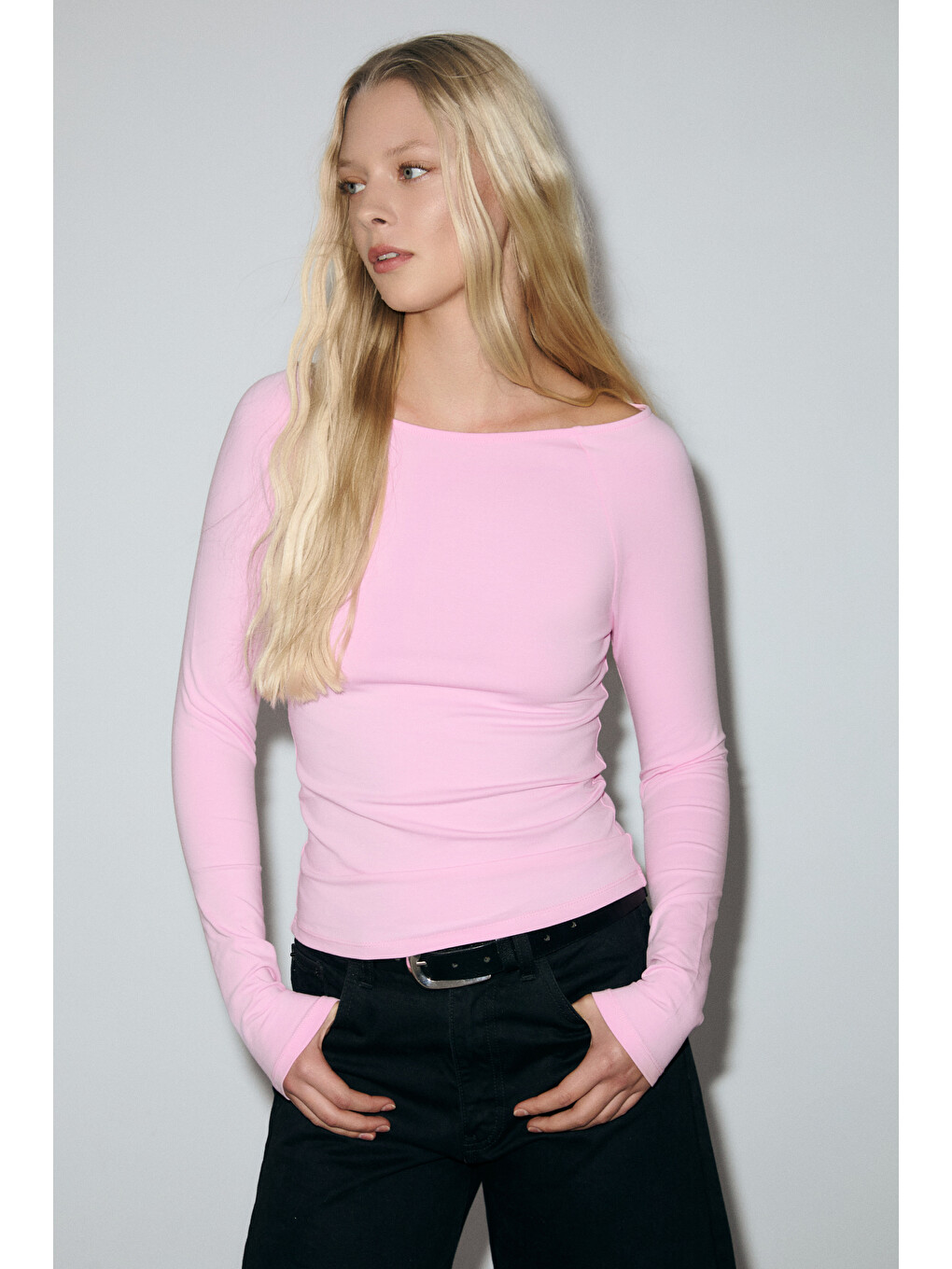 Karakola Kadın Organik Pamuklu Kayık Yaka Reglan Kol Slim Fit Pembe Bluz-2