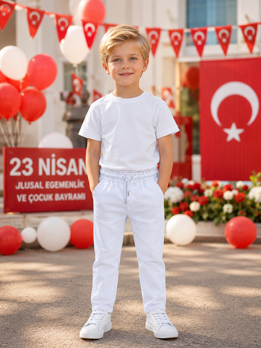 Beyaz Ayar Lastikli  Okul Pantolonu 23 Nisan