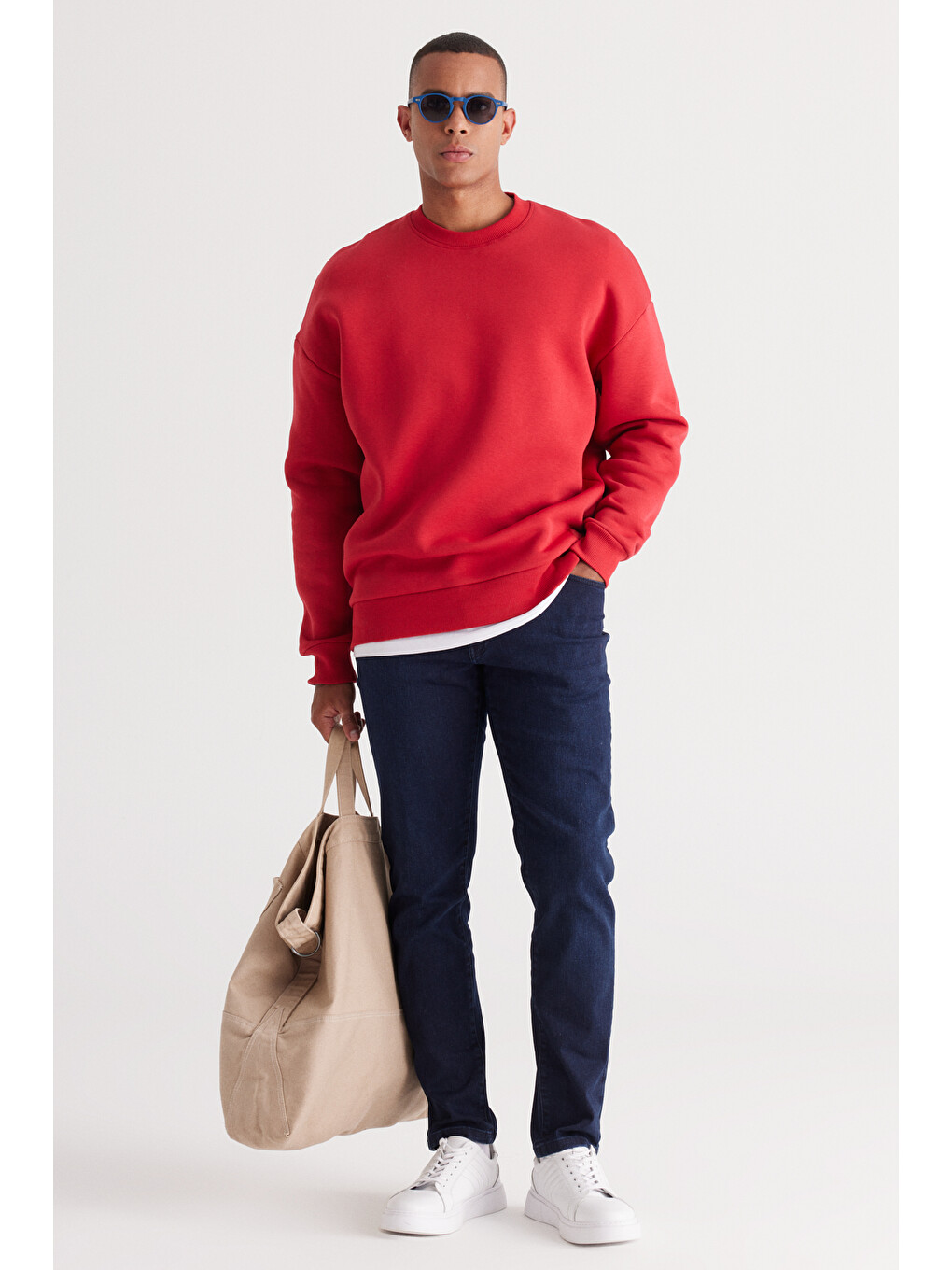 Erkek Kırmızı Oversize Fit Bol Kesim Pamuklu İçi Polarlı Bisiklet Yaka Sweatshirt-2