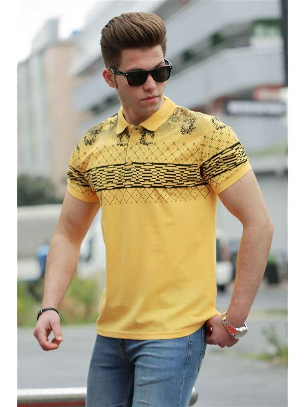 Sarı Baskılı Polo %100 Pamuk Tişört 3057-1