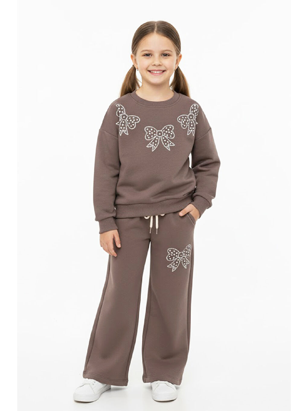 Kahverengi Kız Çocuk Taş Fiyonk Baskılı-2 İplik-Alt-Üst Takım-5-12 Yaş 12436
