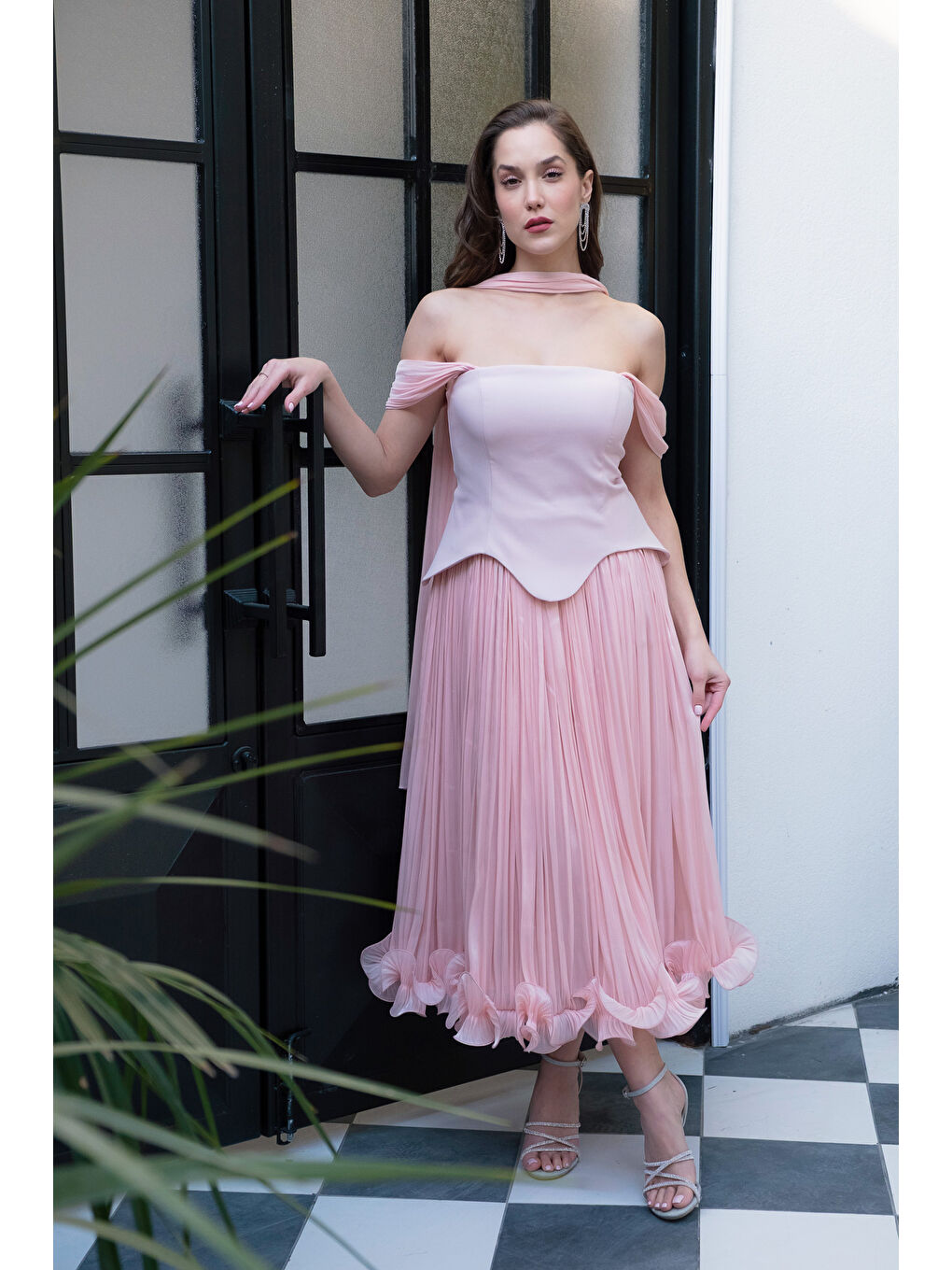 Pembe Kadın Pudra Şal Yaka Etek Ucu Volanlı Midi Söz Nişan Nikah Abiye-1