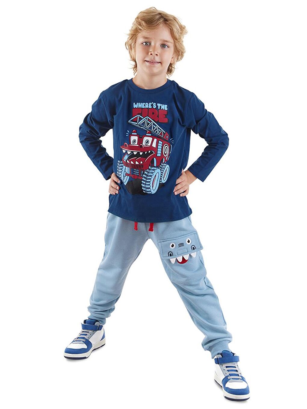 Denokids Lacivert Canavar İtfaiye Erkek Çocuk T-shirt Pantolon Takım