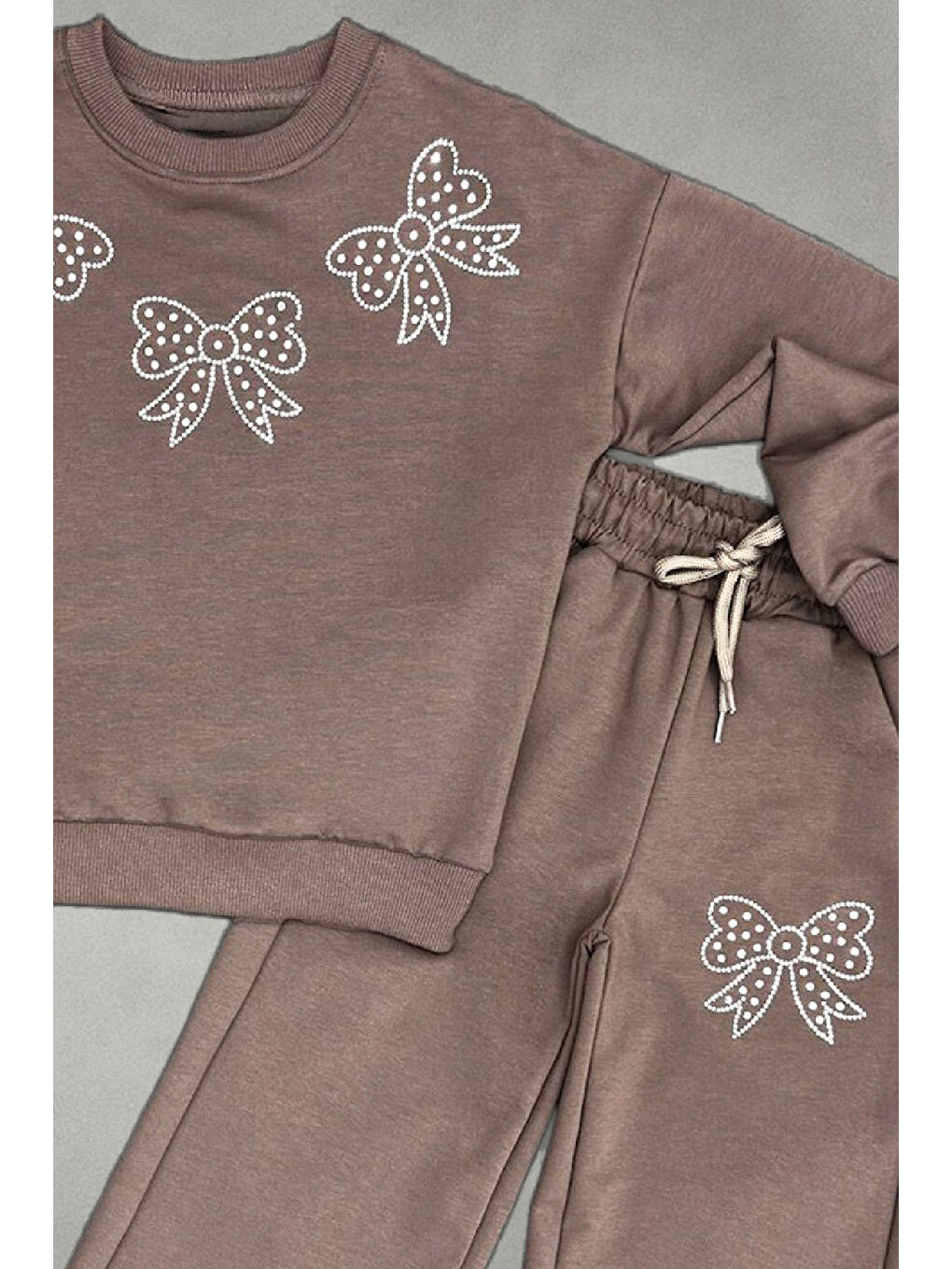 Kahverengi Kız Çocuk Taş Fiyonk Baskılı-2 İplik-Alt-Üst Takım-5-12 Yaş 12436-1