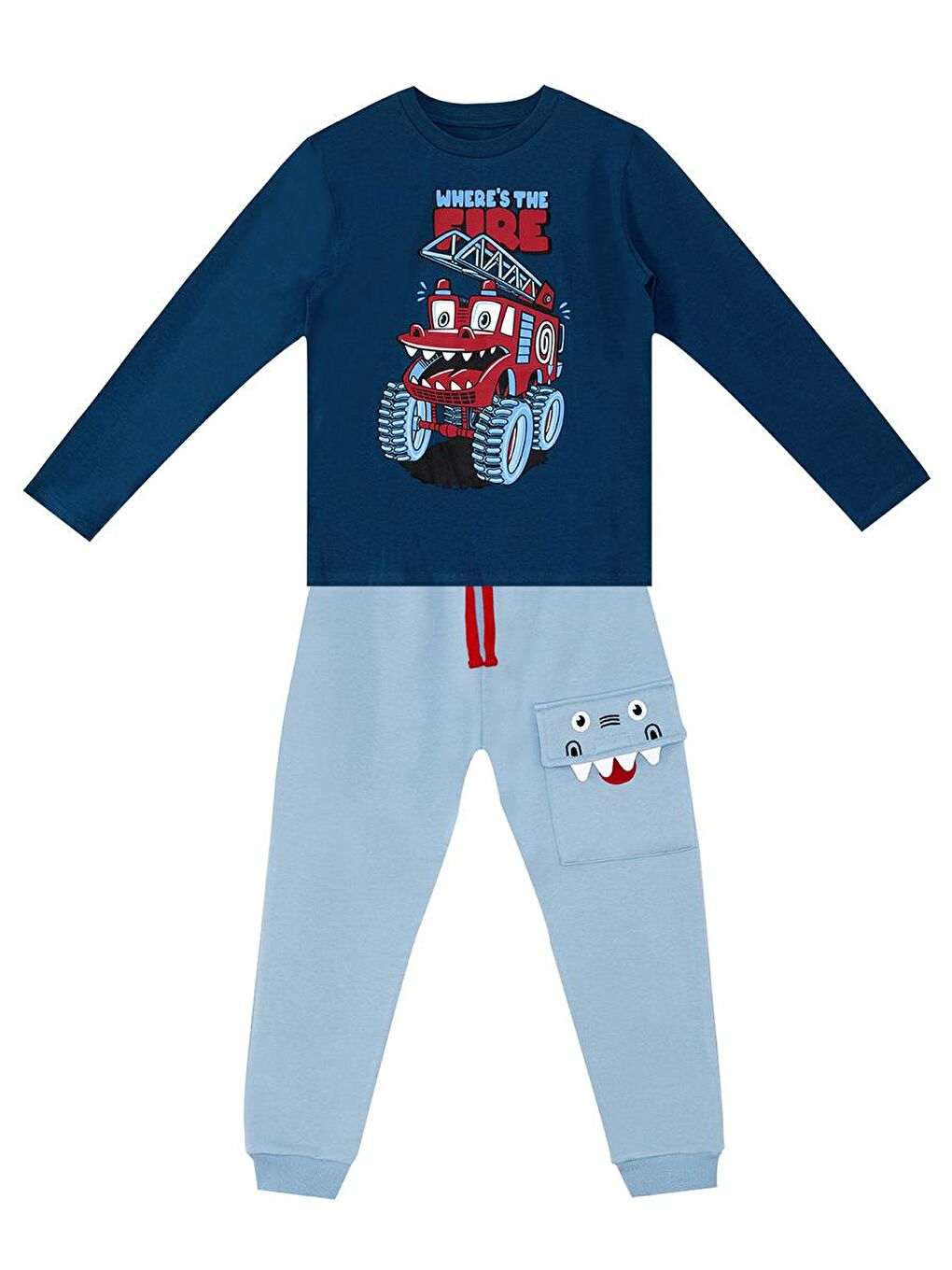 Denokids Lacivert Canavar İtfaiye Erkek Çocuk T-shirt Pantolon Takım - 2