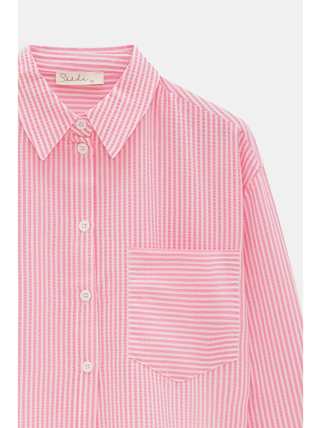 Pembe Kadın Çizgili Relax Fit Tek Cep Dokuma Crop Gömlek - Manşeti Beyaz-1