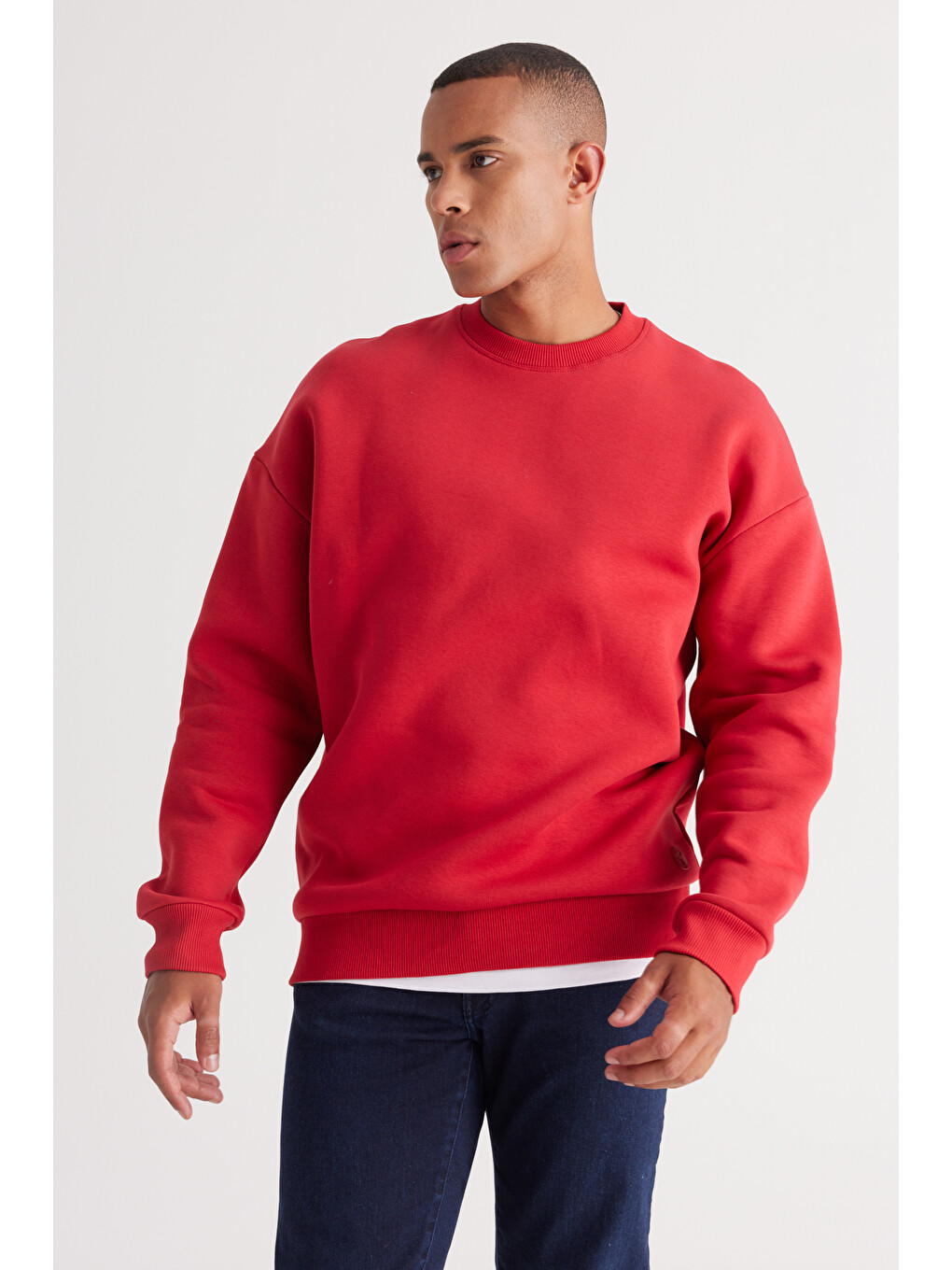 Erkek Kırmızı Oversize Fit Bol Kesim Pamuklu İçi Polarlı Bisiklet Yaka Sweatshirt-3