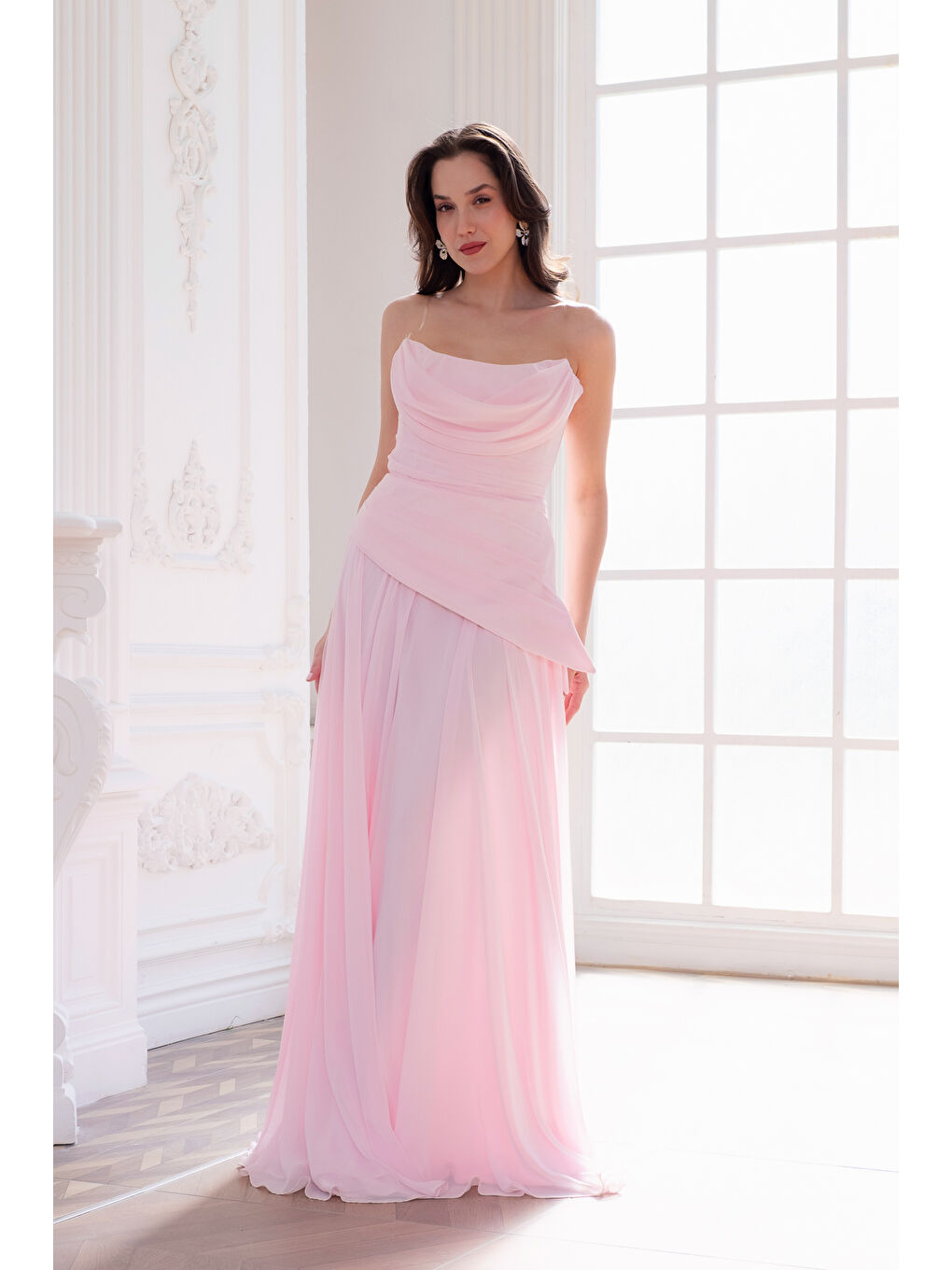 Pembe Kadın Pudra Dar Kalıp Korseli Şifon Fular Detaylı Uzun Abiye Elbise-1