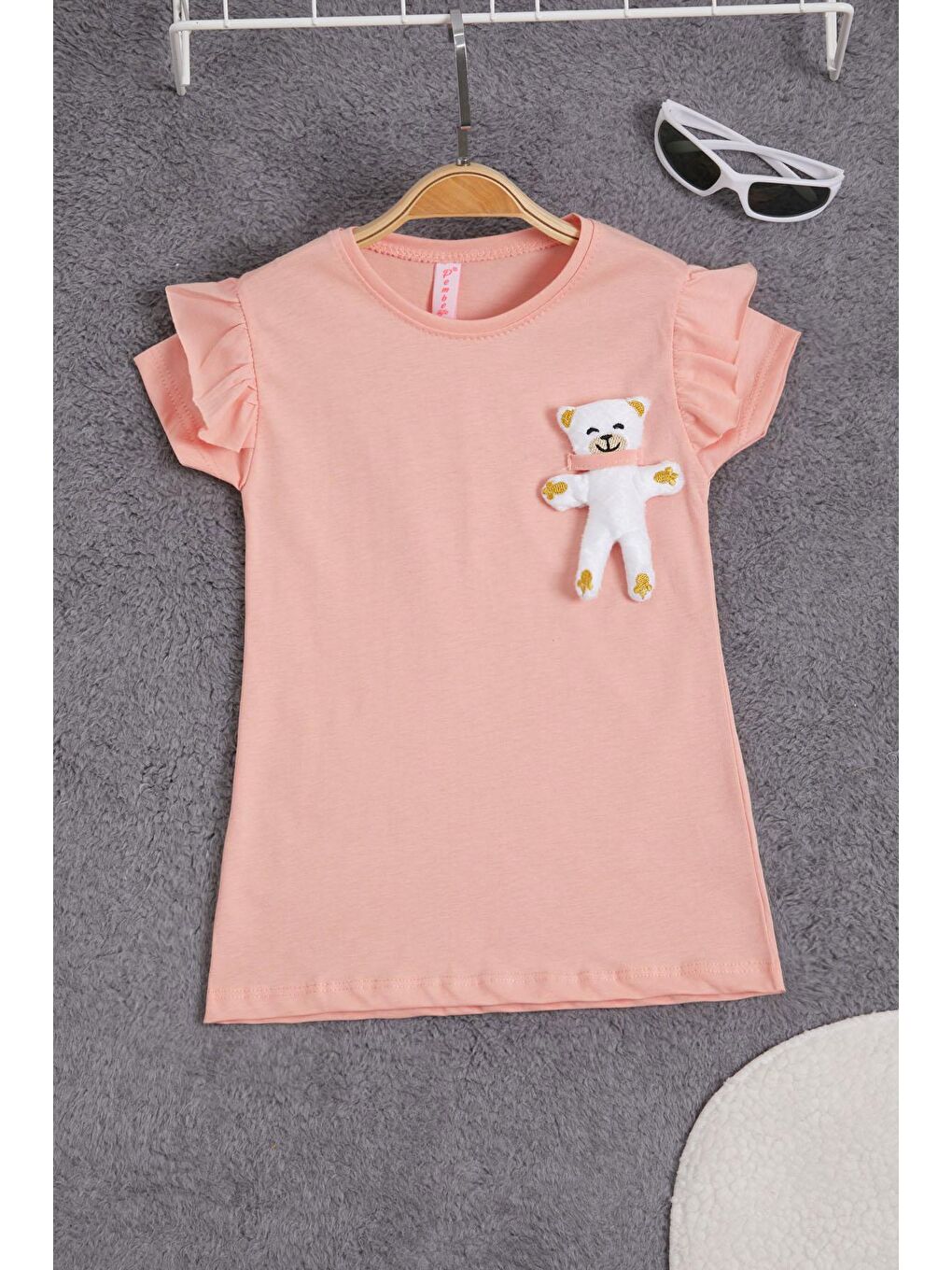 Pembe Somon Pelüş Ayıcıklı Fırfırlı Kız Çocuk T-shirt 15539