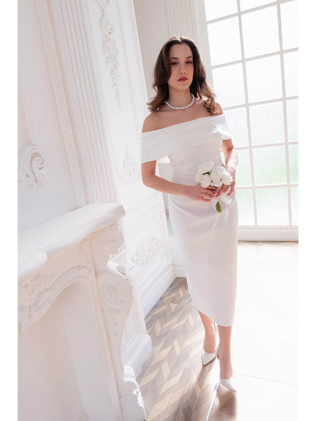 Kadın Beyaz Kayık Yaka Yırtmaçlı Söz Nişan Nikah Abiye Elbise-1