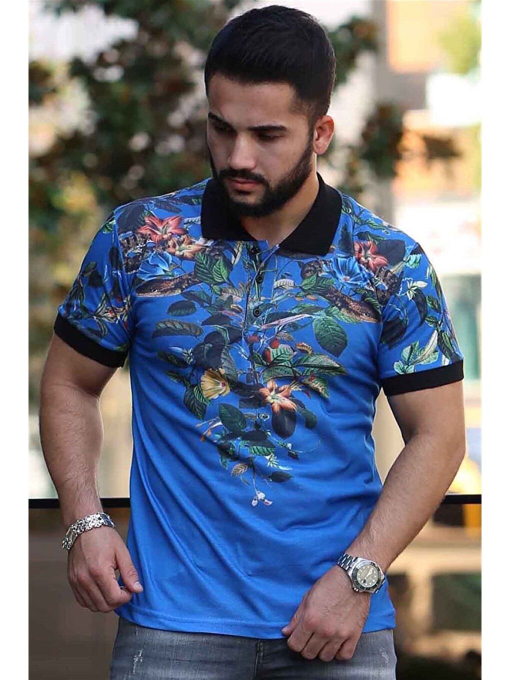 Mavi Saks Çiçek Detaylı Polo %100 Pamuk Tişört 2885