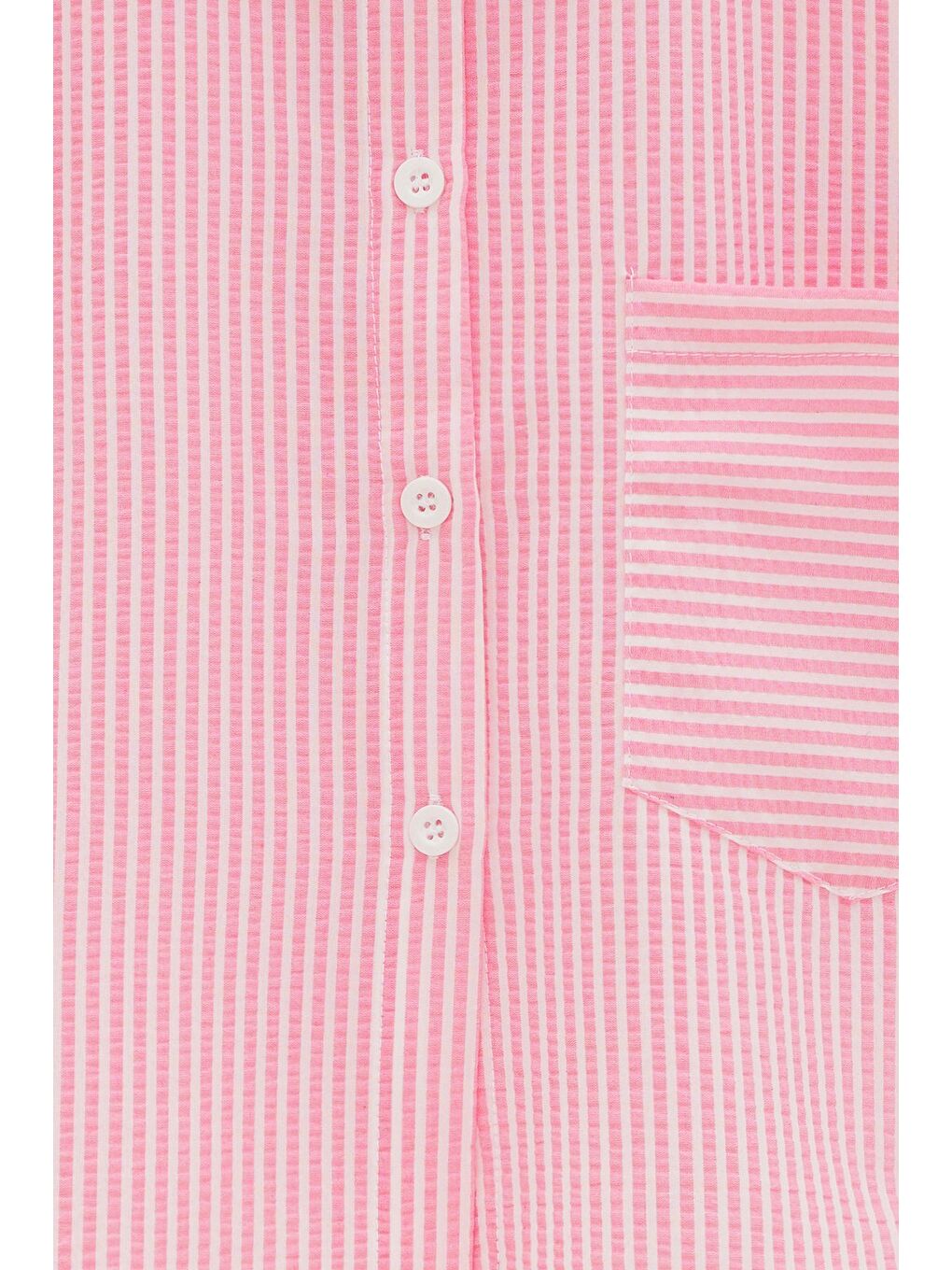 Pembe Kadın Çizgili Relax Fit Tek Cep Dokuma Crop Gömlek - Manşeti Beyaz-2