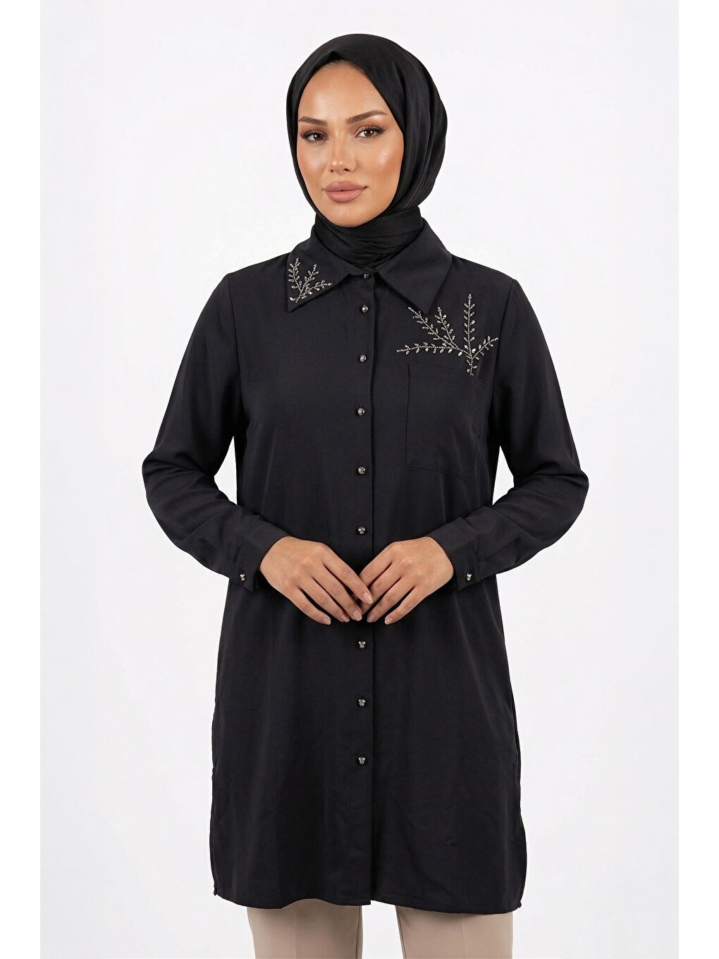 Taş Baskılı Tunik Gömlek 210147 Siyah-2