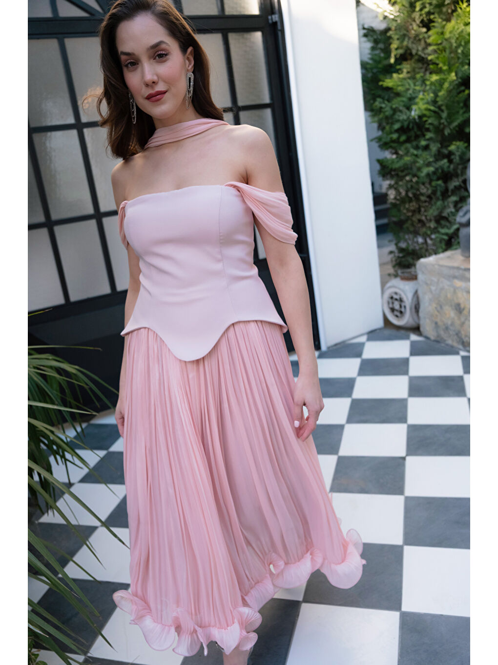 Pembe Kadın Pudra Şal Yaka Etek Ucu Volanlı Midi Söz Nişan Nikah Abiye-2