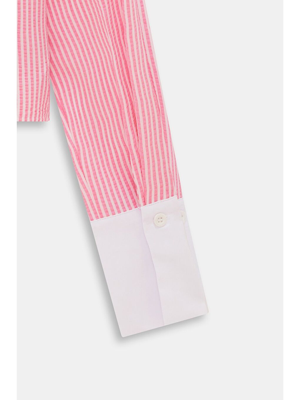 Pembe Kadın Çizgili Relax Fit Tek Cep Dokuma Crop Gömlek - Manşeti Beyaz-3