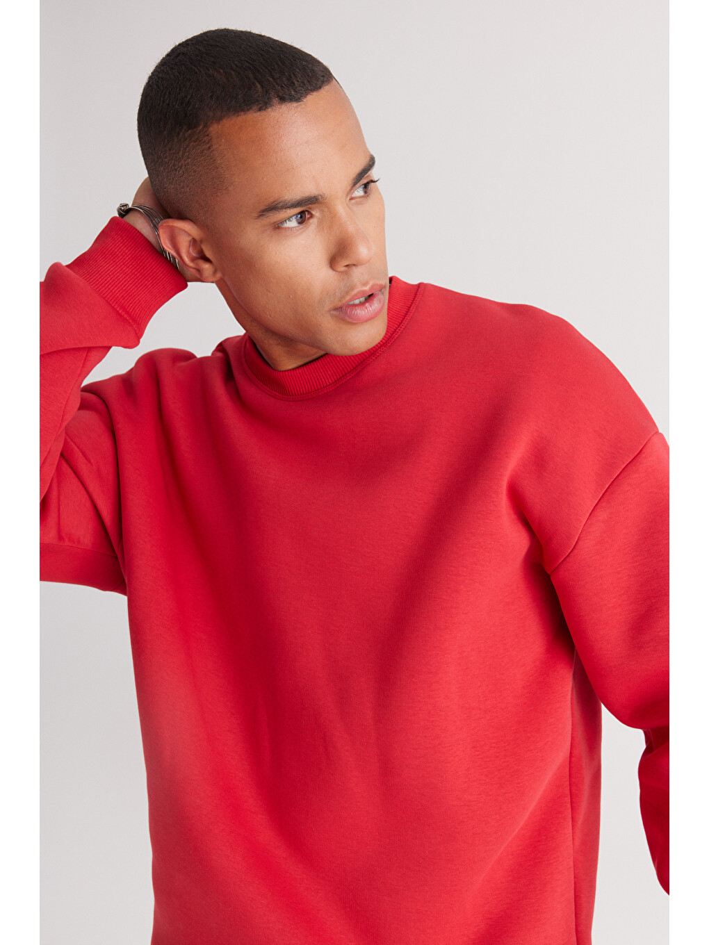 Erkek Kırmızı Oversize Fit Bol Kesim Pamuklu İçi Polarlı Bisiklet Yaka Sweatshirt-4