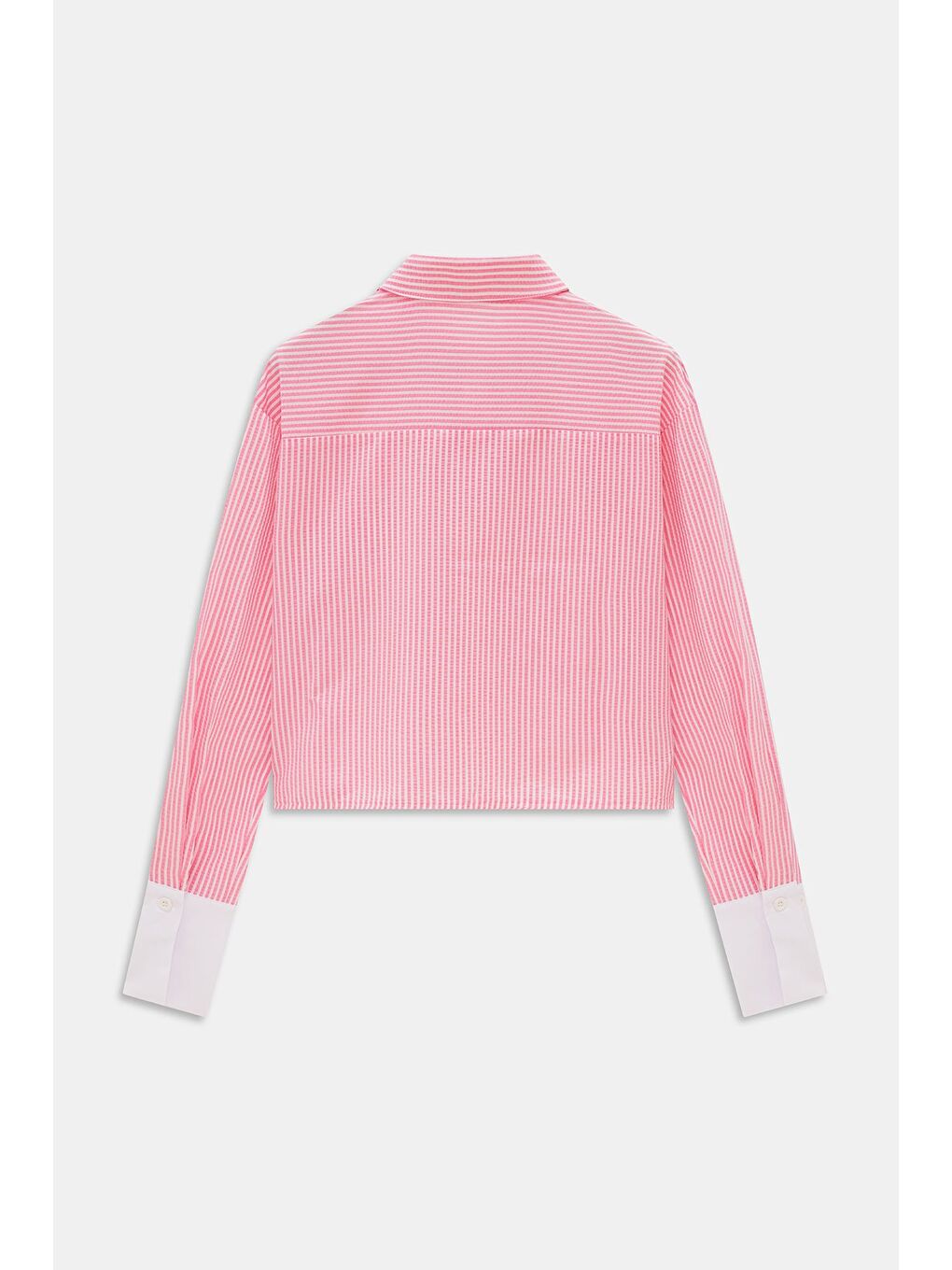 Pembe Kadın Çizgili Relax Fit Tek Cep Dokuma Crop Gömlek - Manşeti Beyaz-4