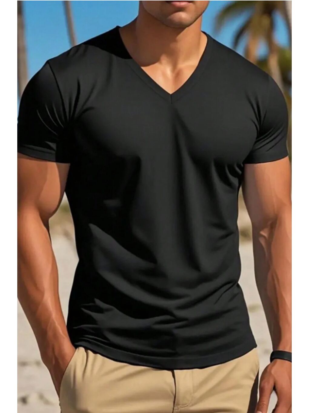 Siyah Erkek %100 Pamuk V Yaka Slim Fit Dar Kesim Tişört-3