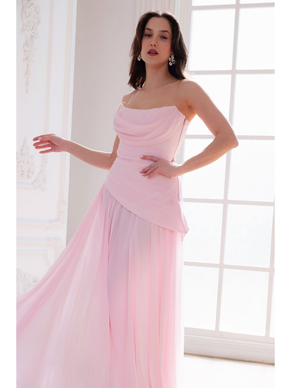 Pembe Kadın Pudra Dar Kalıp Korseli Şifon Fular Detaylı Uzun Abiye Elbise-2