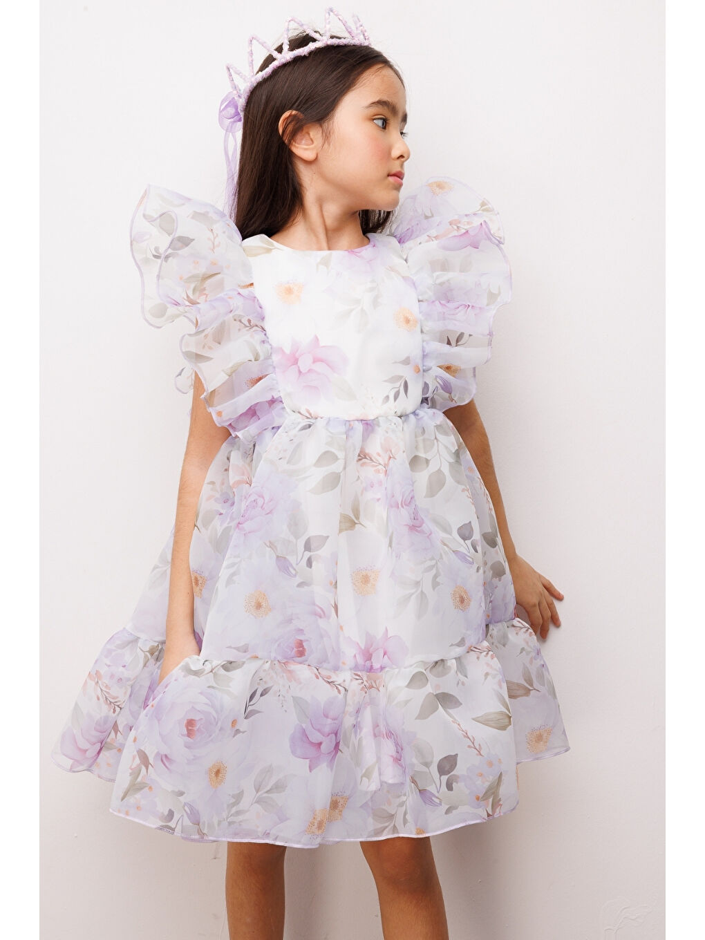 Lila Çiçek Desenli Organze Kız Çocuk Elbise - Uliana-1