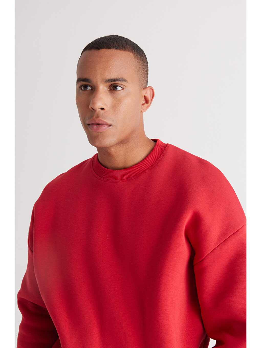 Erkek Kırmızı Oversize Fit Bol Kesim Pamuklu İçi Polarlı Bisiklet Yaka Sweatshirt-5