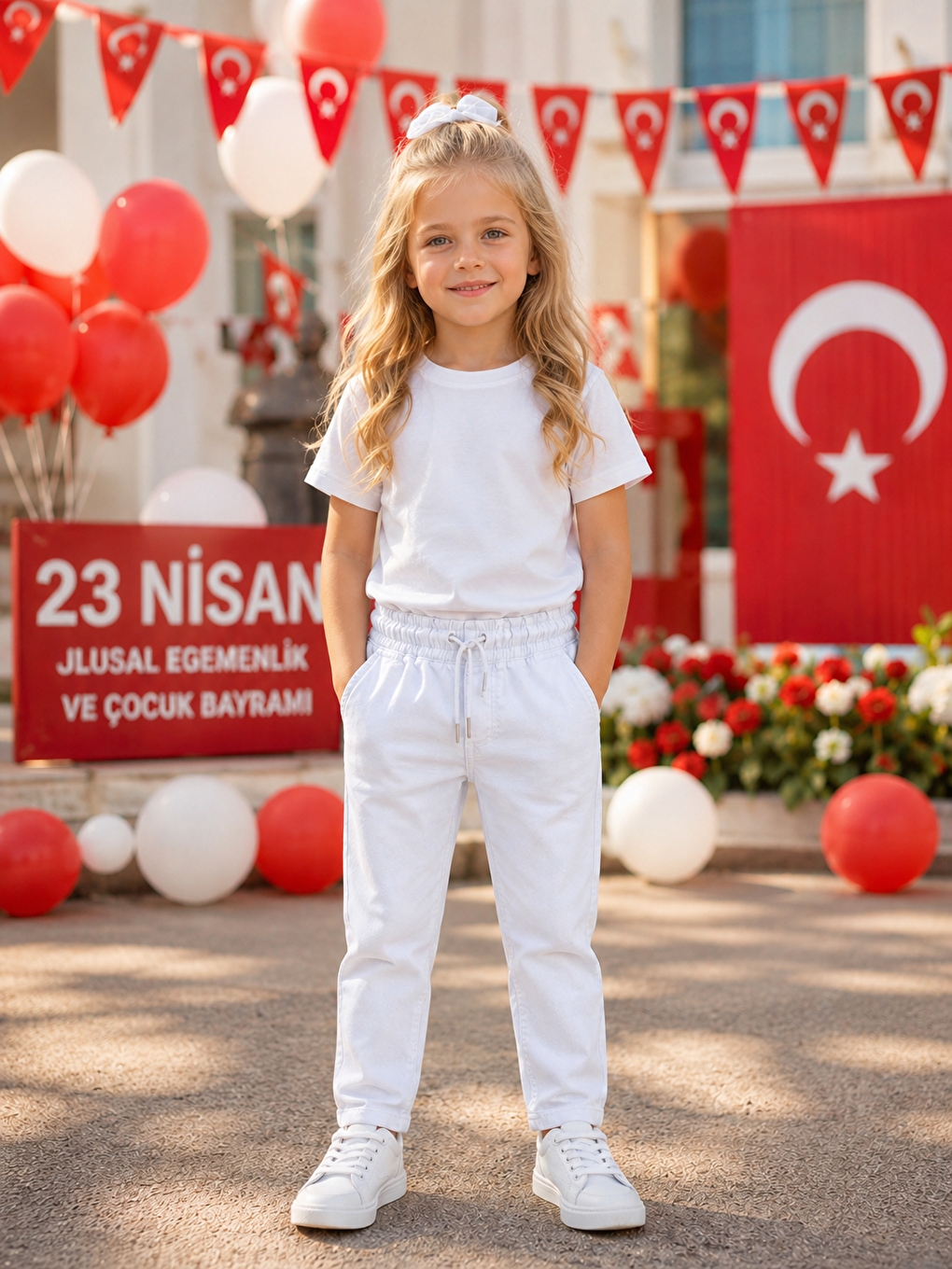 Beyaz Ayar Lastikli  Okul Pantolonu 23 Nisan