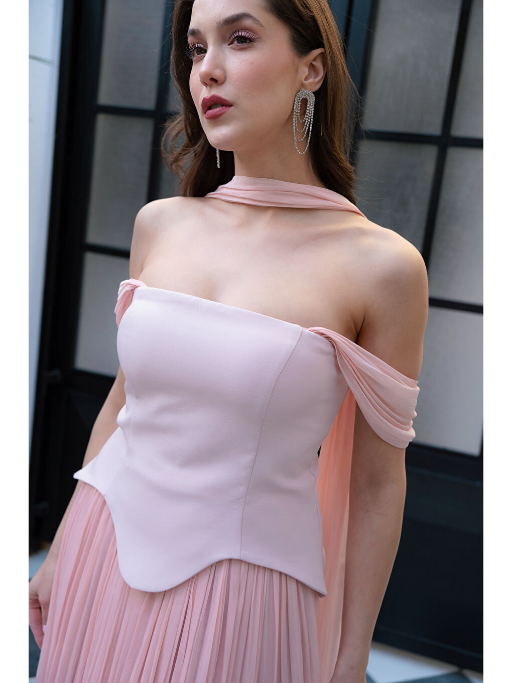 Pembe Kadın Pudra Şal Yaka Etek Ucu Volanlı Midi Söz Nişan Nikah Abiye-3