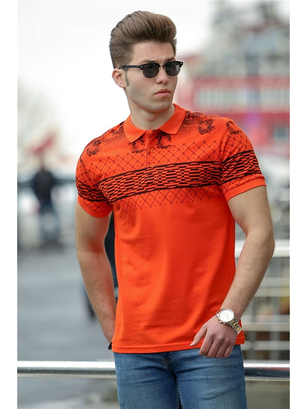 Turuncu Baskılı Polo Tişört 3057