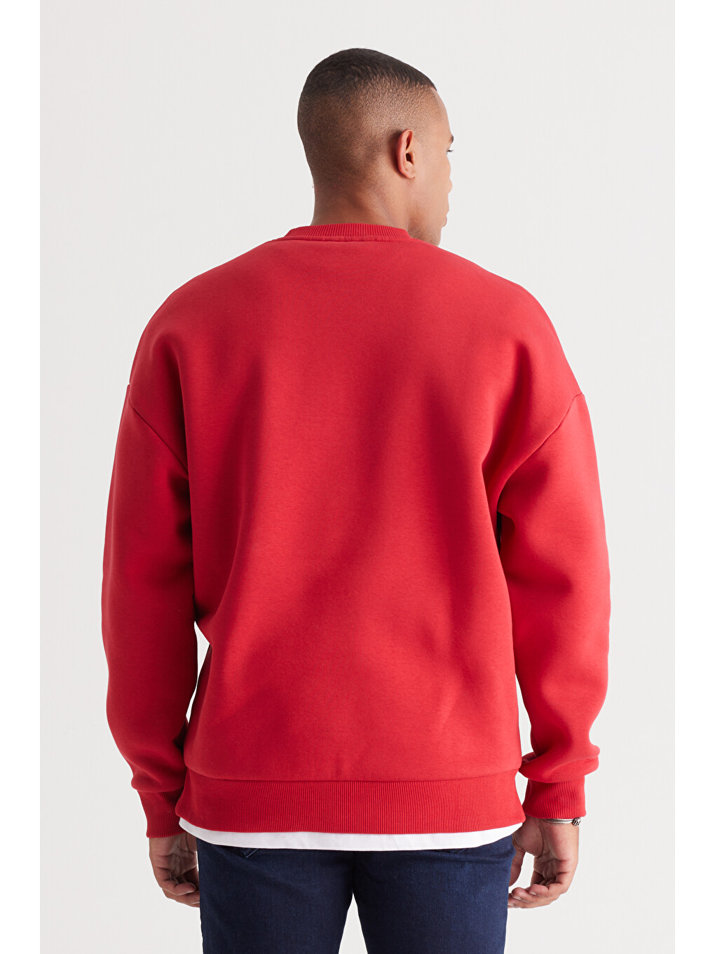 Erkek Kırmızı Oversize Fit Bol Kesim Pamuklu İçi Polarlı Bisiklet Yaka Sweatshirt-6