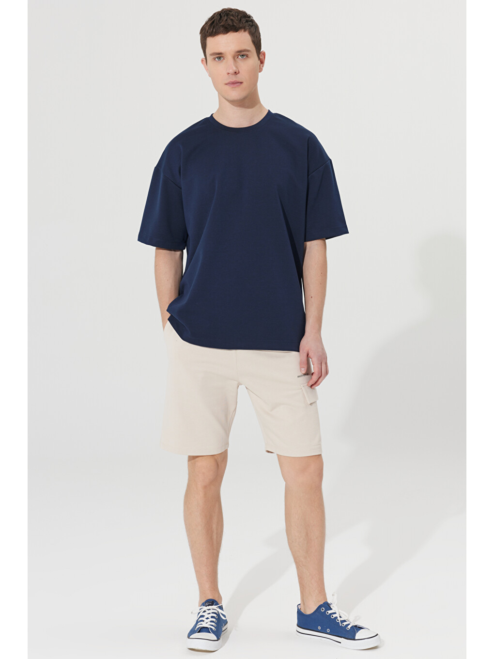 Erkek Lacivert Oversize Bol Kesim Bisiklet Yaka Kısa Kollu Sweatshirt-1