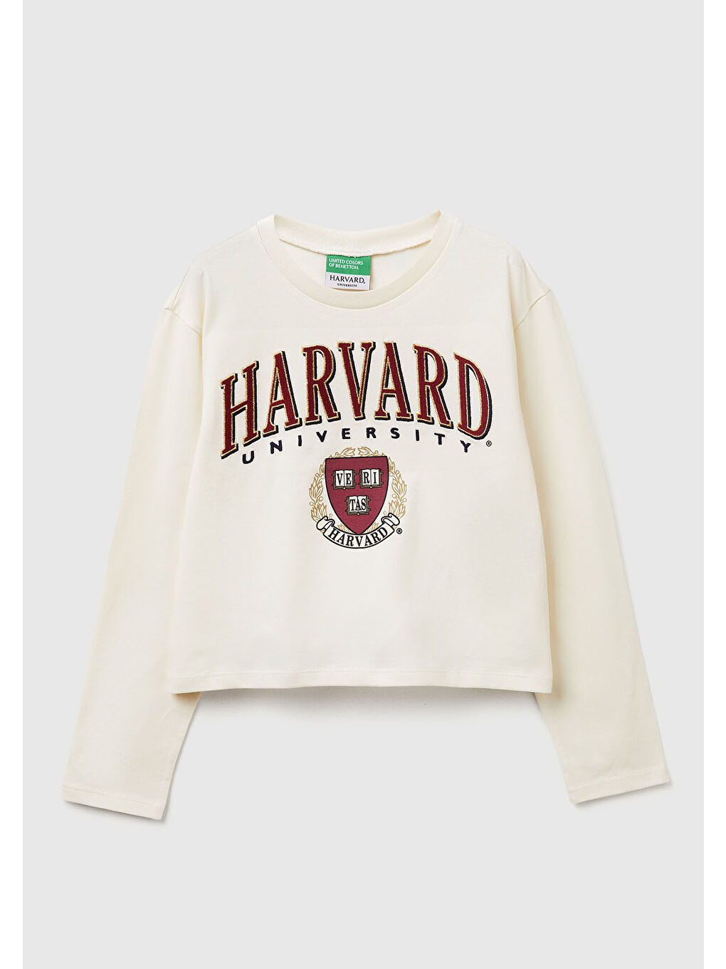 Kız Çocuk Ekru Önü Simli Baskılı Logo Etiketli Boxy Uzun Kollu T-shirt