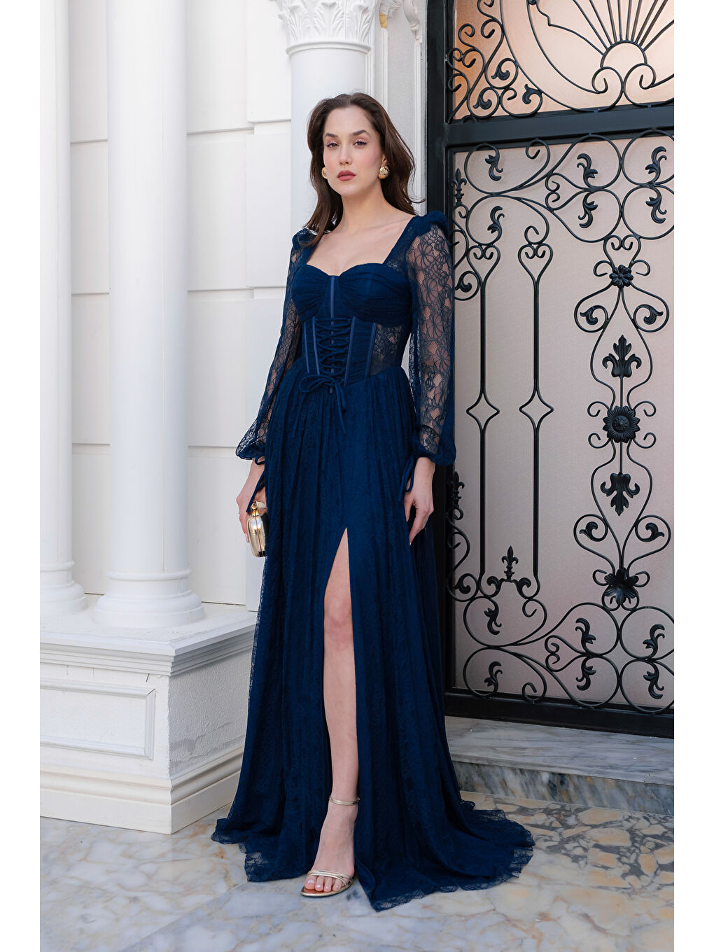 Kadın Lacivert Dar Kalıp Uzun Kol Bacak Dekolteli Dantelli Abiye Elbise-1